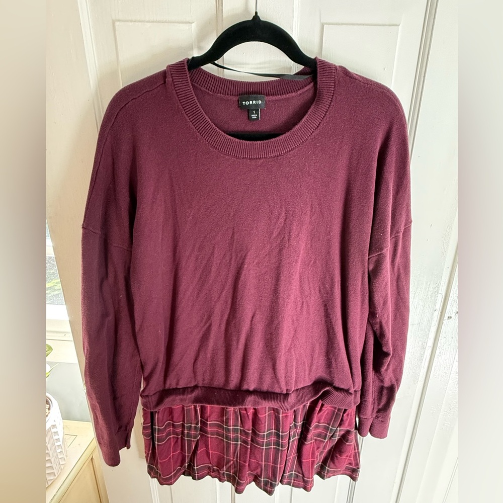 Torrid - soft sleeved cotton cropped sweater w/layered plaid blouse -wine color